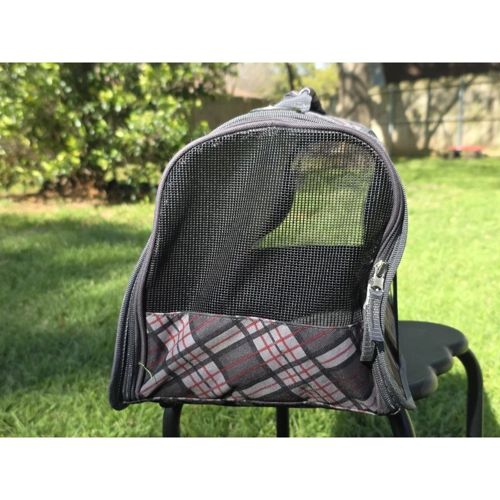 Plaid Soft Sided Pet Carrier Bag Grey Red Small Dog Cat Travel Tote Mesh Pockets